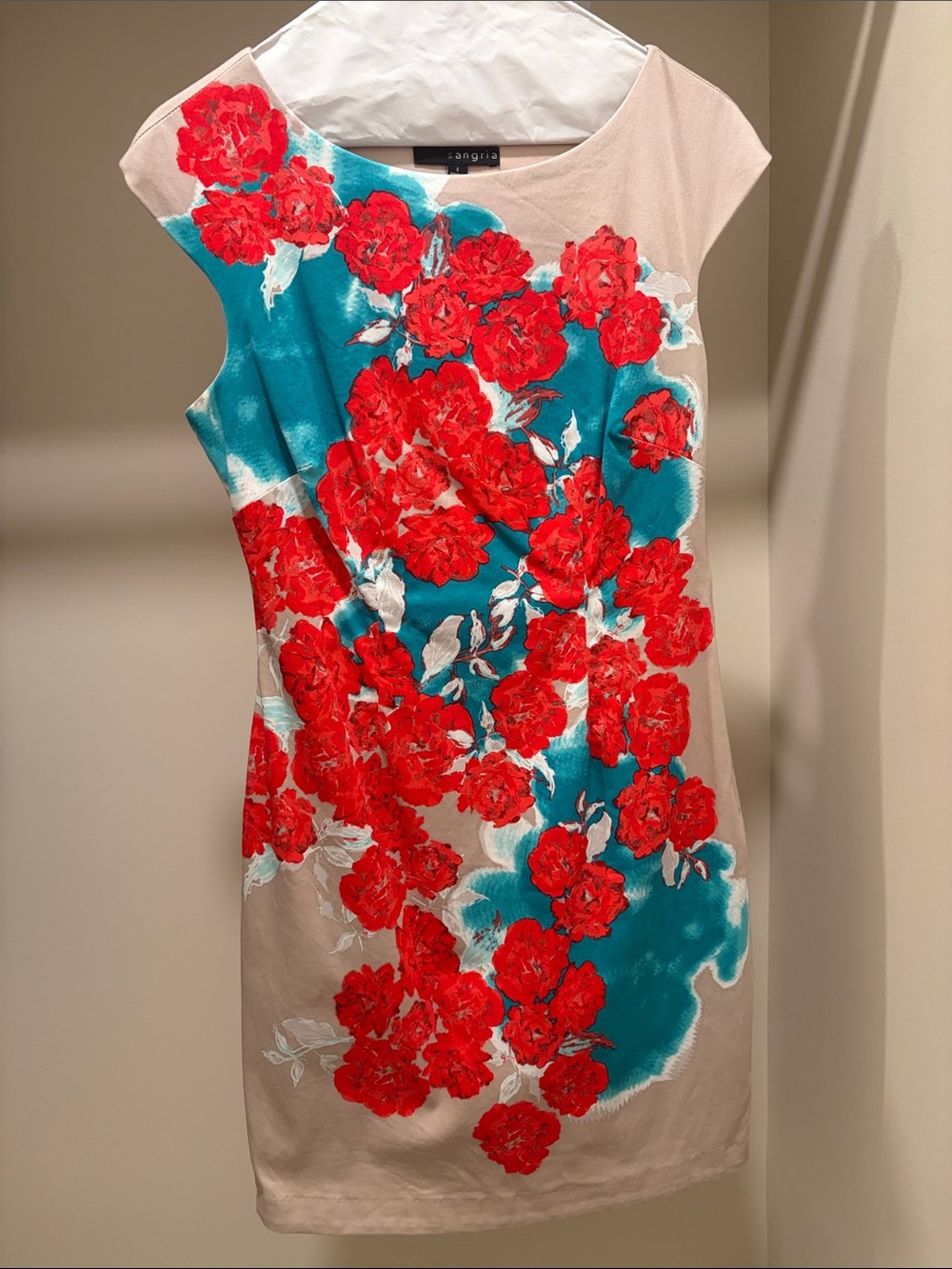 Signature by Sangria Red Floral Teal Accent Sheath Dress
